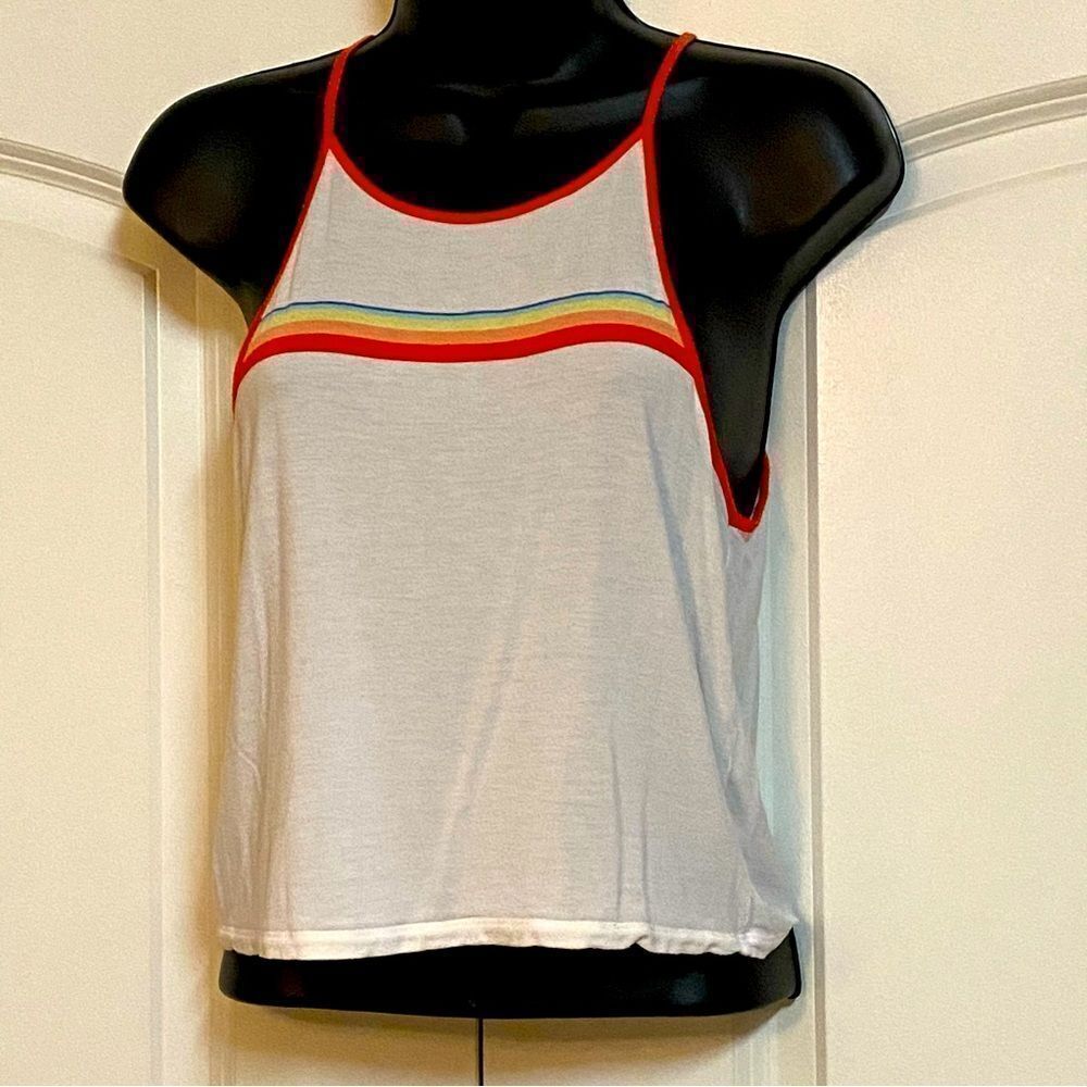 Victoria’s Secret PINK White Retro Rainbow Stripe Spaghetti Crop Tank Top XS
